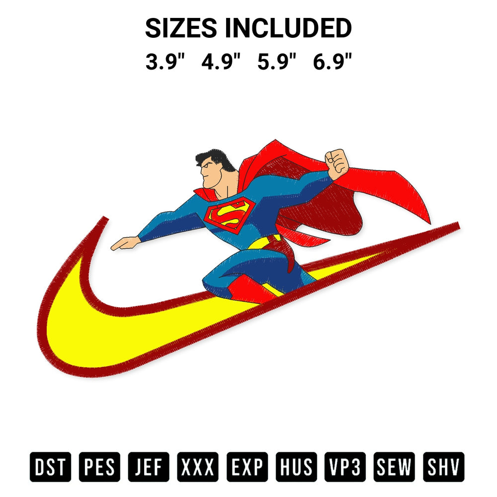 Get the Superman Nike Embroidery Design embroidery design for your custom crafts! Premium digitized files available for instant download at Designspacks.com. Available sizes: 3.9", 4.9", 5.9", 6.9".