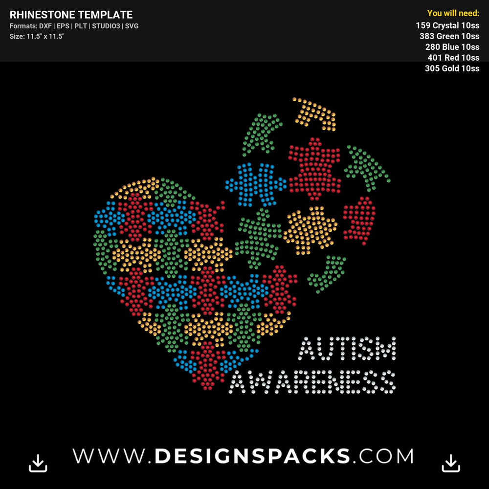 Autism Awareness Big Heart Puzzle Pattern Rhinestone Digital Template