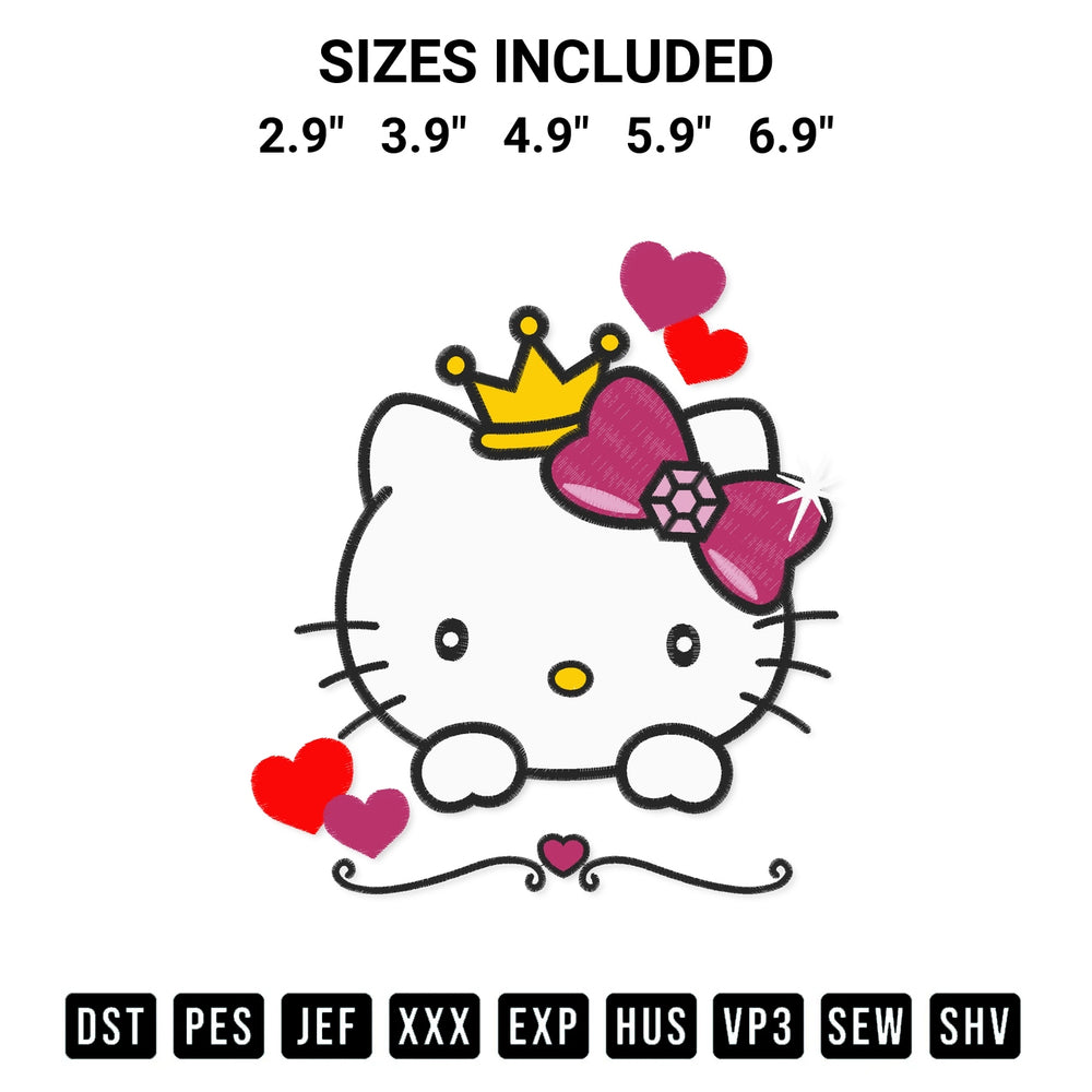 Stitch like a pro with the Cute Hello Kitty Princess With Crown Embroidery Design embroidery pattern from Designspacks.com. High-quality digital machine embroidery file. Available sizes: 2.9", 3.9", 4.9", 5.9", 6.9".