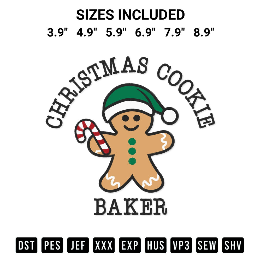 Get the Christmas Cookie Baker Embroidery Design embroidery design for your custom crafts! Premium digitized files available for instant download at Designspacks.com. Available sizes: 3.9", 4.9", 5.9", 6.9", 7.9", 8.9".