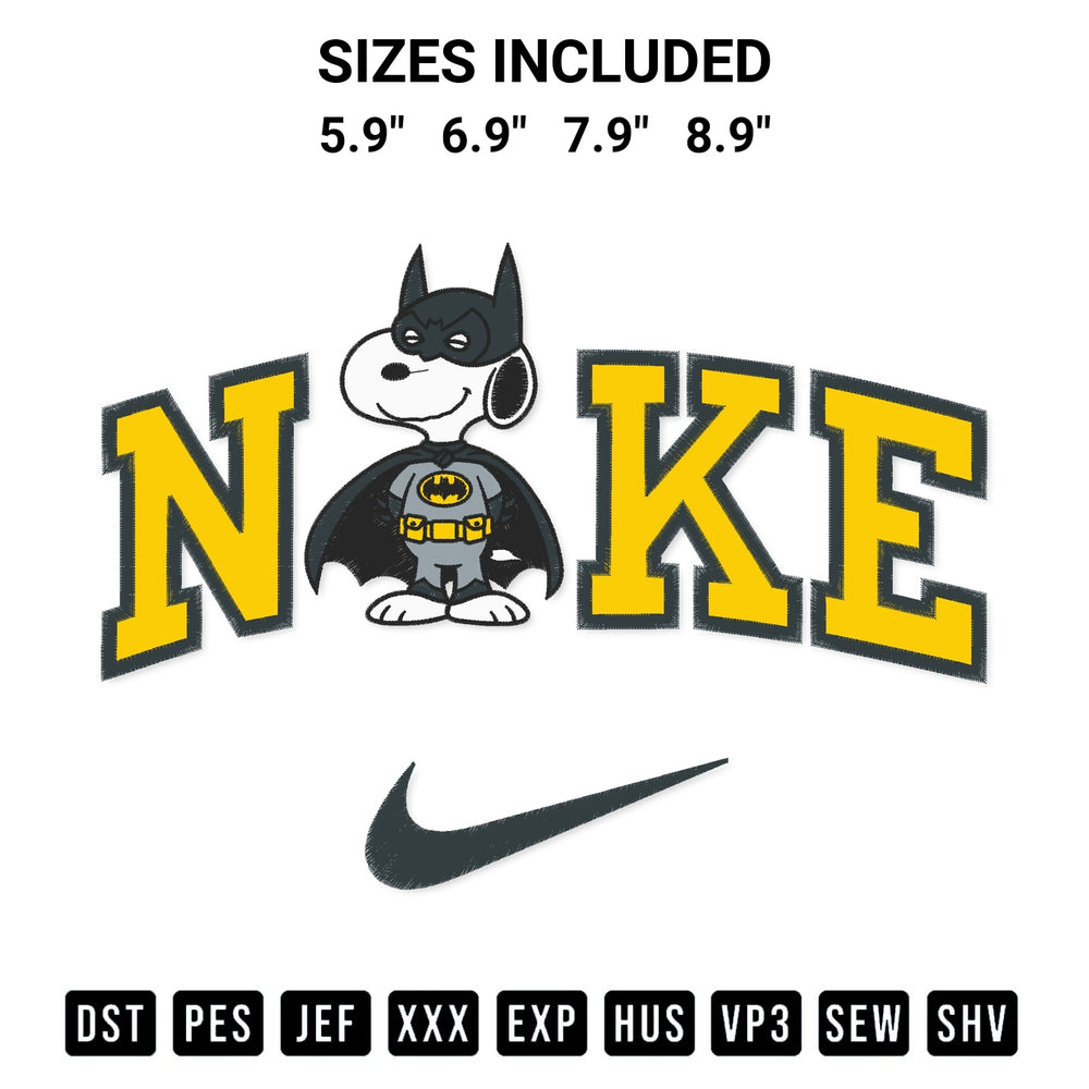 Stitch like a pro with the Snoopy Batman X Nike Embroidery Design embroidery pattern from Designspacks.com. High-quality digital machine embroidery file. Available sizes: 5.9", 6.9", 7.9", 8.9".