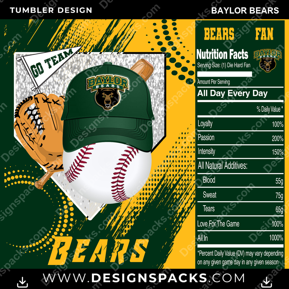 College Sport Team Fan BaseBall Baylor Bears NCAA College Sport Tumbler Digital Wrap Design Download