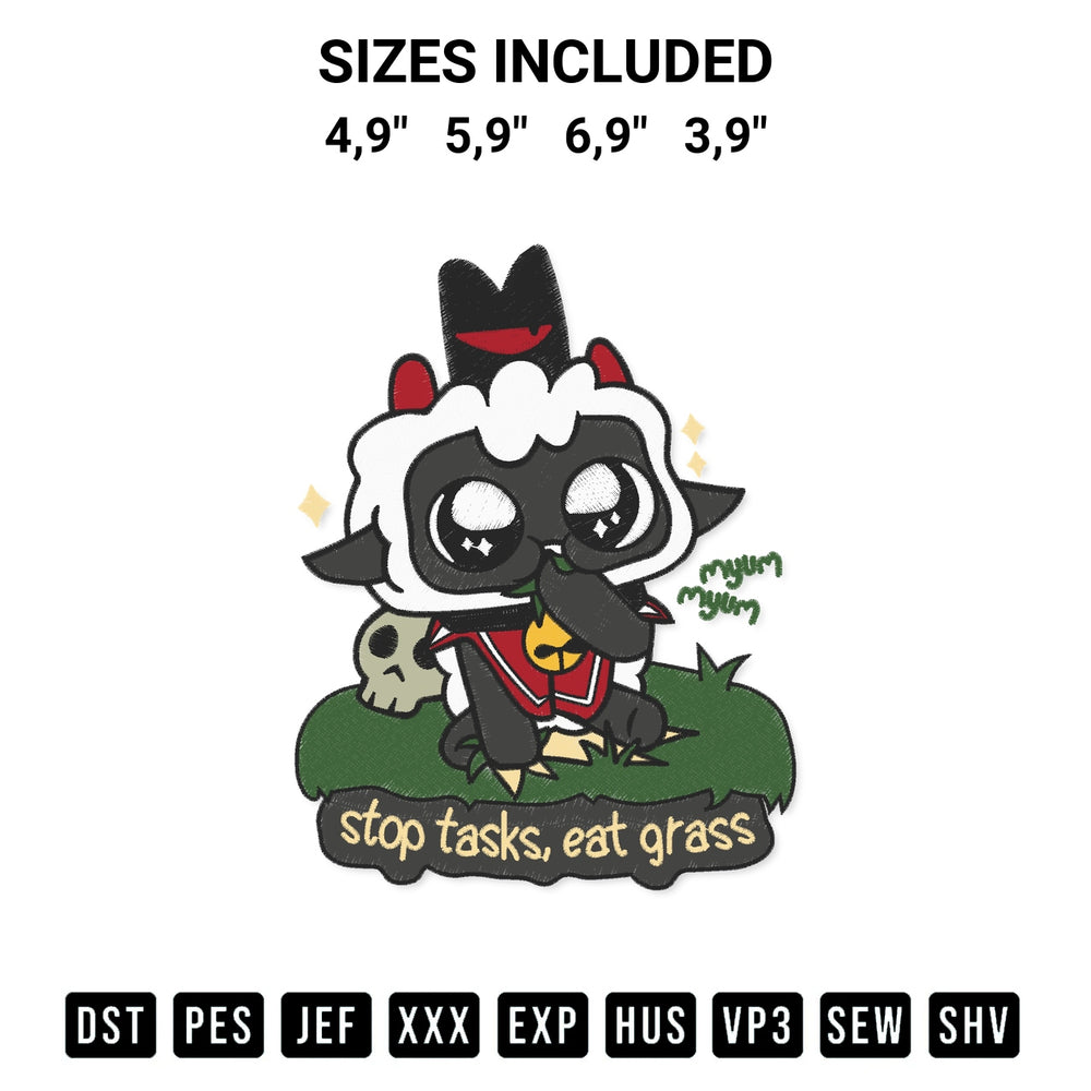 Add a unique touch to your apparel with the Stop Tasks Eat Grass Cult Of The Lamb Funny Video Game Logo Embroidery Design embroidery file. Premium instant download available now on Designspacks.com. Available sizes: 4,9", 5,9", 6,9", 3,9".