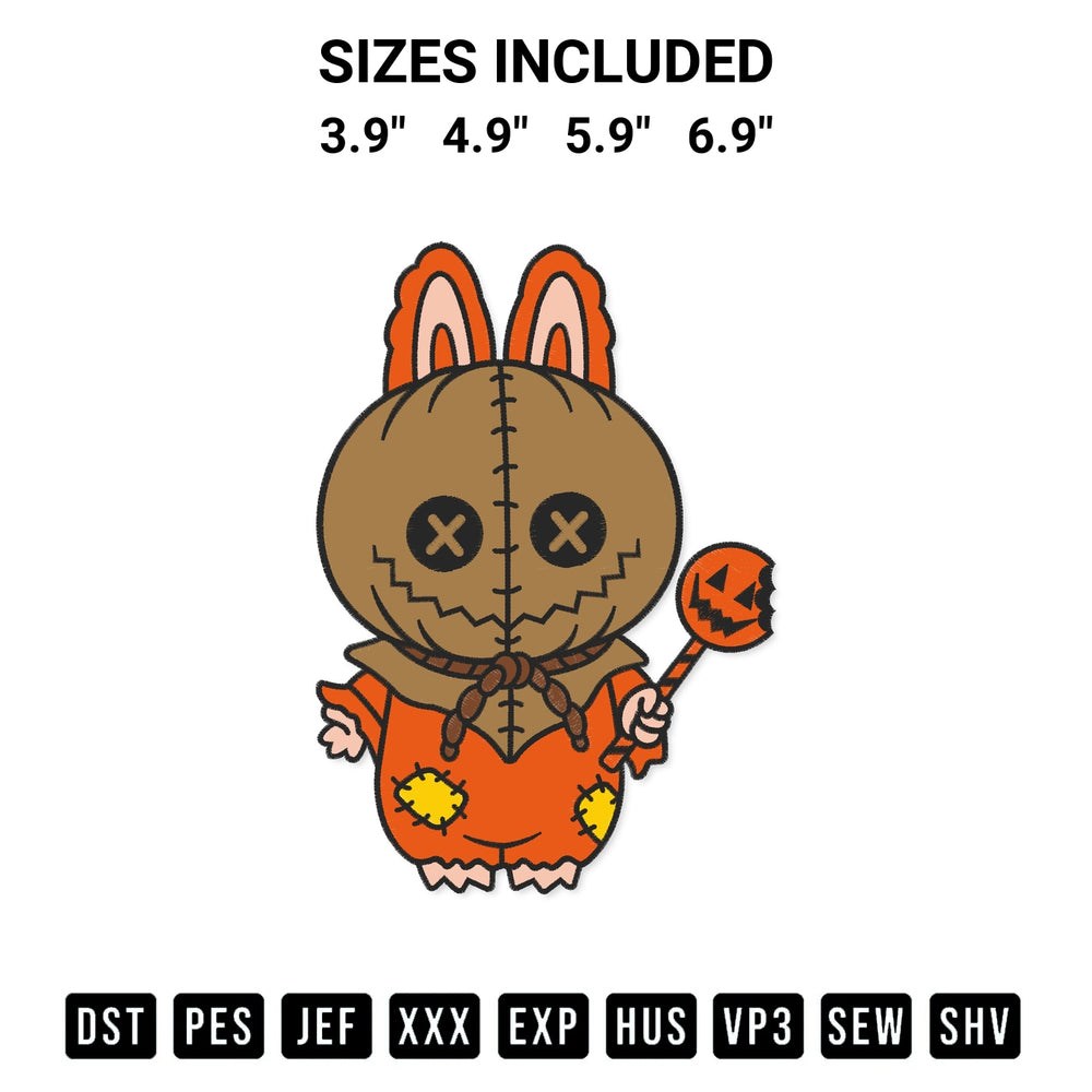 Shop the Trick R Treat Sam Labubu Embroidery Design machine embroidery pattern at Designspacks.com. Beautifully digitized for flawless stitching on any fabric. Available sizes: 3.9", 4.9", 5.9", 6.9".
