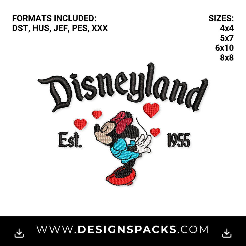 Disneyland Est 1955 Minnie Mouse Hearts Embroidery Design - Instant digital download pattern at Designspacks.com