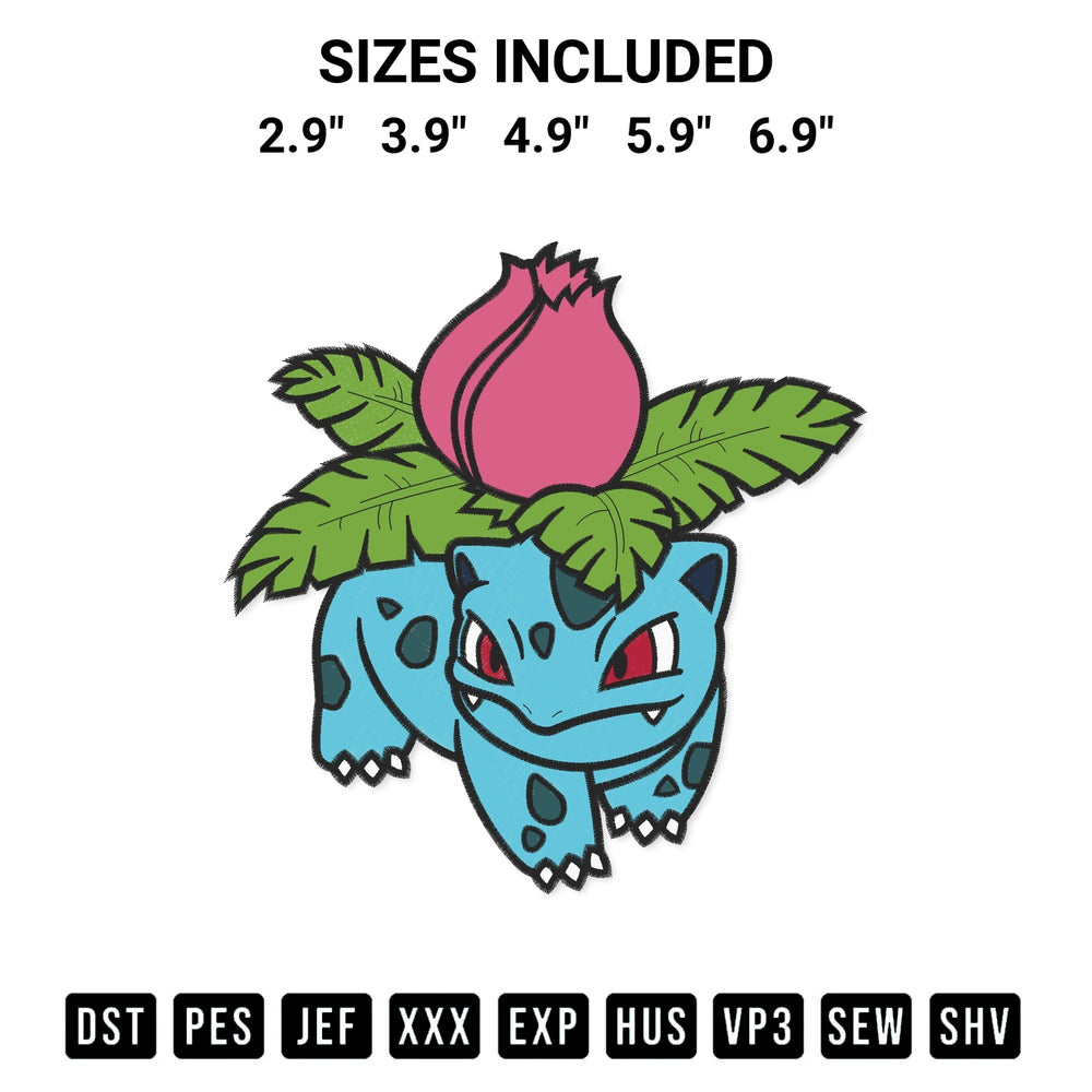 Transform your fabrics with the Ivysaur Pokemon Embroidery Design embroidery design. Instant access to premium digitized patterns at Designspacks.com. Available sizes: 2.9", 3.9", 4.9", 5.9", 6.9".