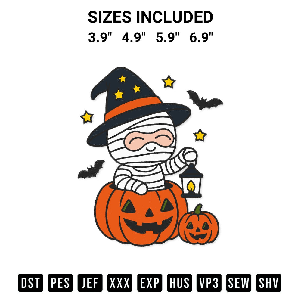 Discover the perfect addition to your crafting collection: Halloween Mummy Pumpkin Embroidery Design embroidery file. Instantly available at Designspacks.com. Available sizes: 3.9", 4.9", 5.9", 6.9".