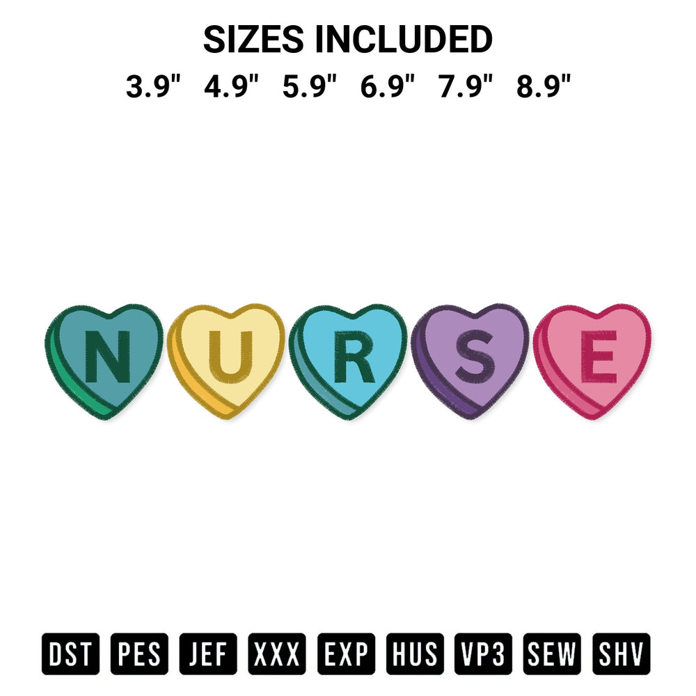 Stitch like a pro with the Nurse Candy Hearts Embroidery Design embroidery pattern from Designspacks.com. High-quality digital machine embroidery file. Available sizes: 3.9", 4.9", 5.9", 6.9", 7.9", 8.9".