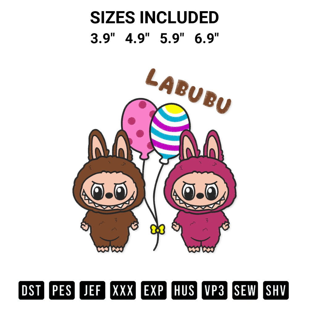 Elevate your next project with our Labubu Couple With Balloons Embroidery Design embroidery file. Shop high-quality digital patterns instantly at Designspacks.com. Available sizes: 3.9", 4.9", 5.9", 6.9".