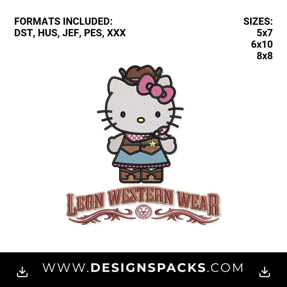 Cute Cowgirl Kitty Leon Western Wear Embroidery Design - Instant digital download pattern at Designspacks.com