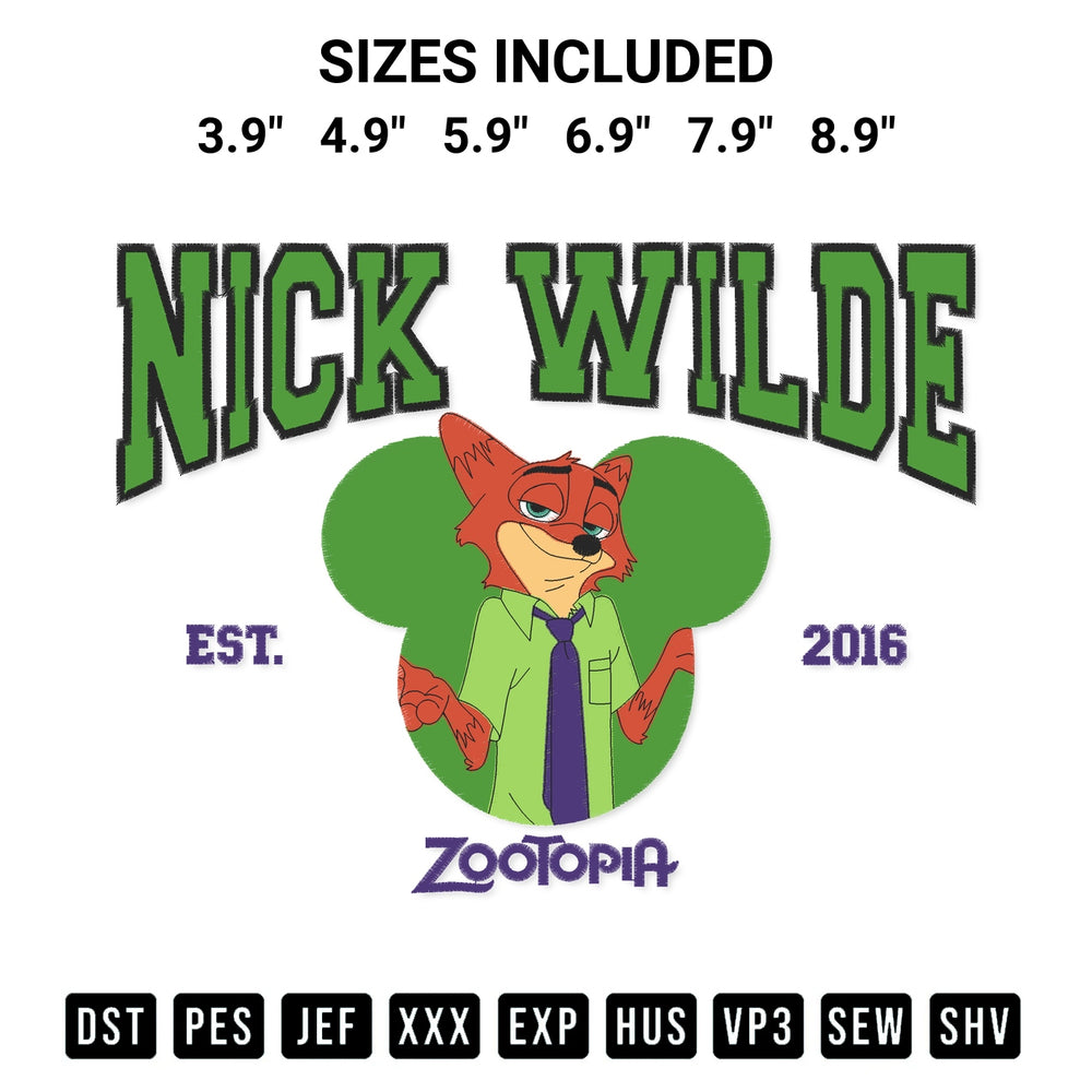 Shop the Nick Wilde Est 2016 Embroidery Design machine embroidery pattern at Designspacks.com. Beautifully digitized for flawless stitching on any fabric. Available sizes: 3.9", 4.9", 5.9", 6.9", 7.9", 8.9".