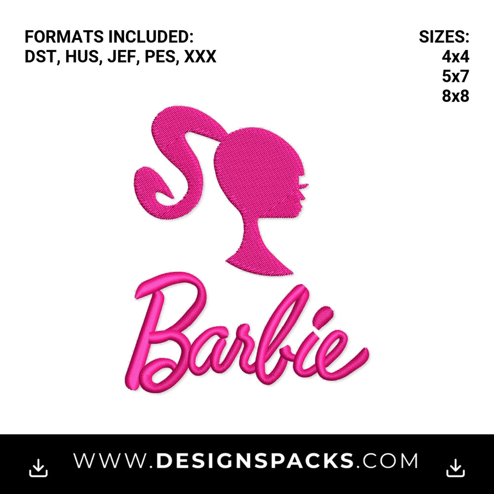 Hot Pink Barbie Head Silhouette & Logo Embroidery Design - Instant digital download pattern at Designspacks.com