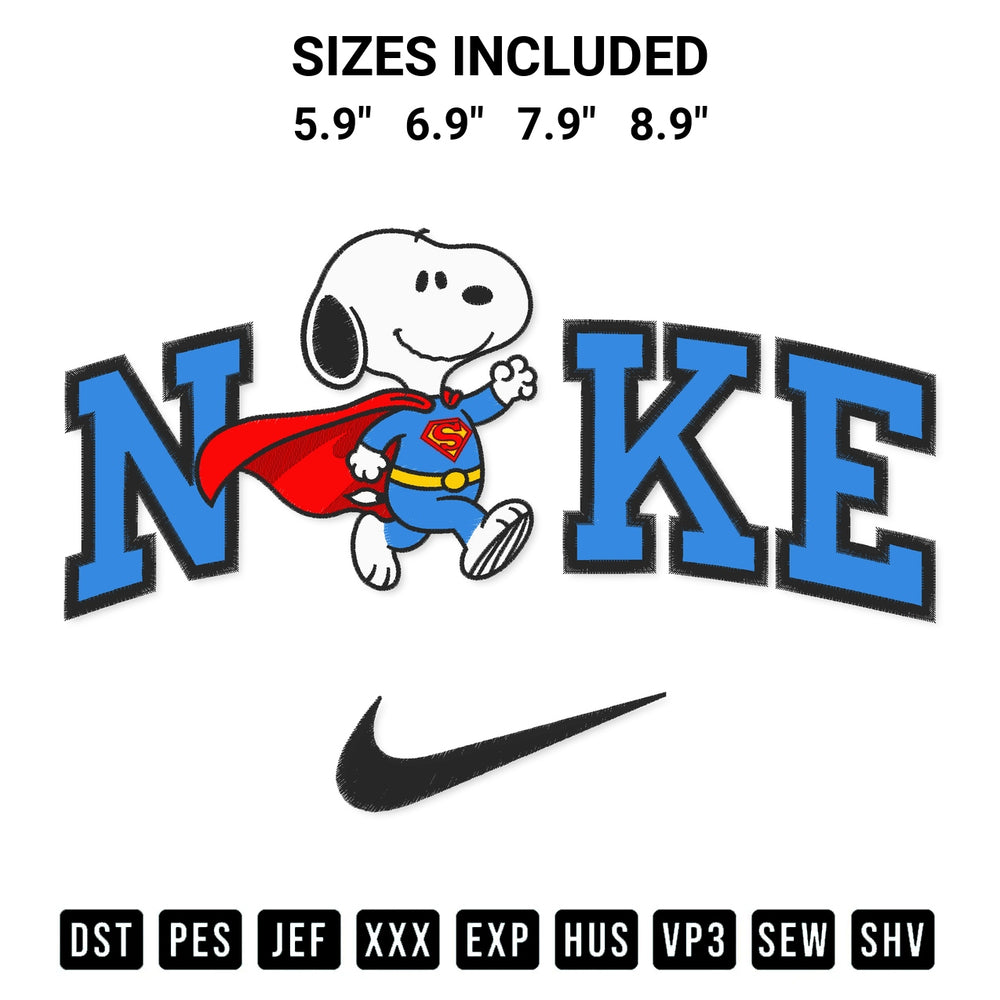 Stitch like a pro with the Snoopy Superman X Nike Embroidery Design embroidery pattern from Designspacks.com. High-quality digital machine embroidery file. Available sizes: 5.9", 6.9", 7.9", 8.9".