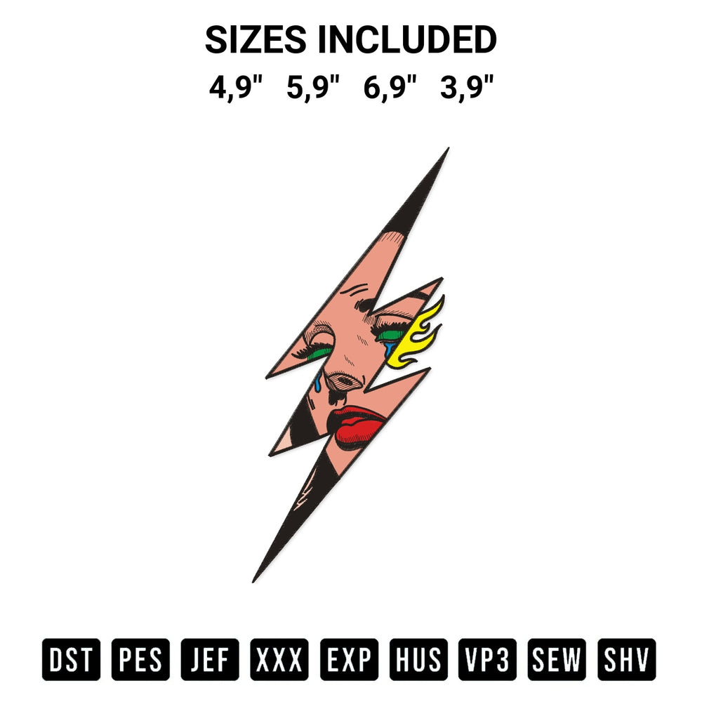 Discover the perfect addition to your crafting collection: Girl In Lightning Graphic Tattoo Logo Embroidery Design embroidery file. Instantly available at Designspacks.com. Available sizes: 4,9", 5,9", 6,9", 3,9".