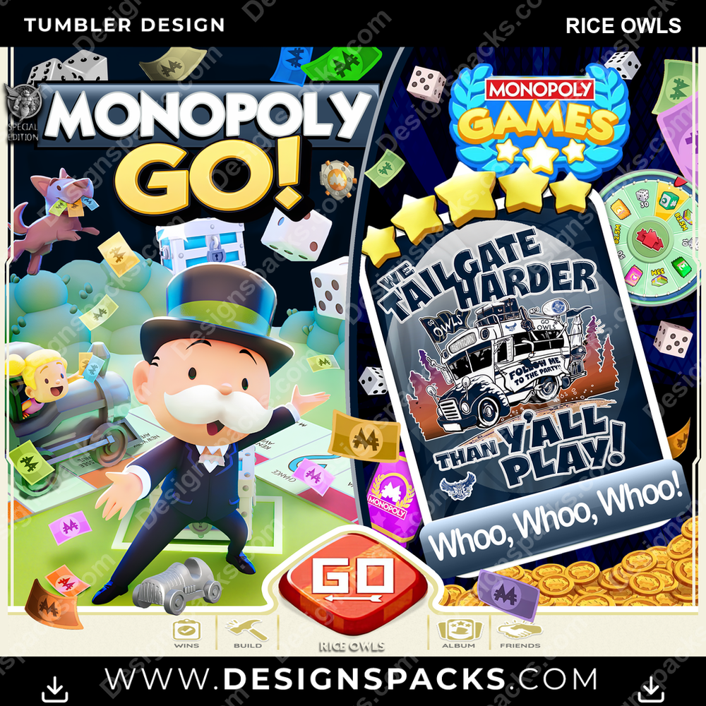 College Sport Monopoly Go! Rice Owls NCAA College Sport Tumbler Digital Wrap Design Download