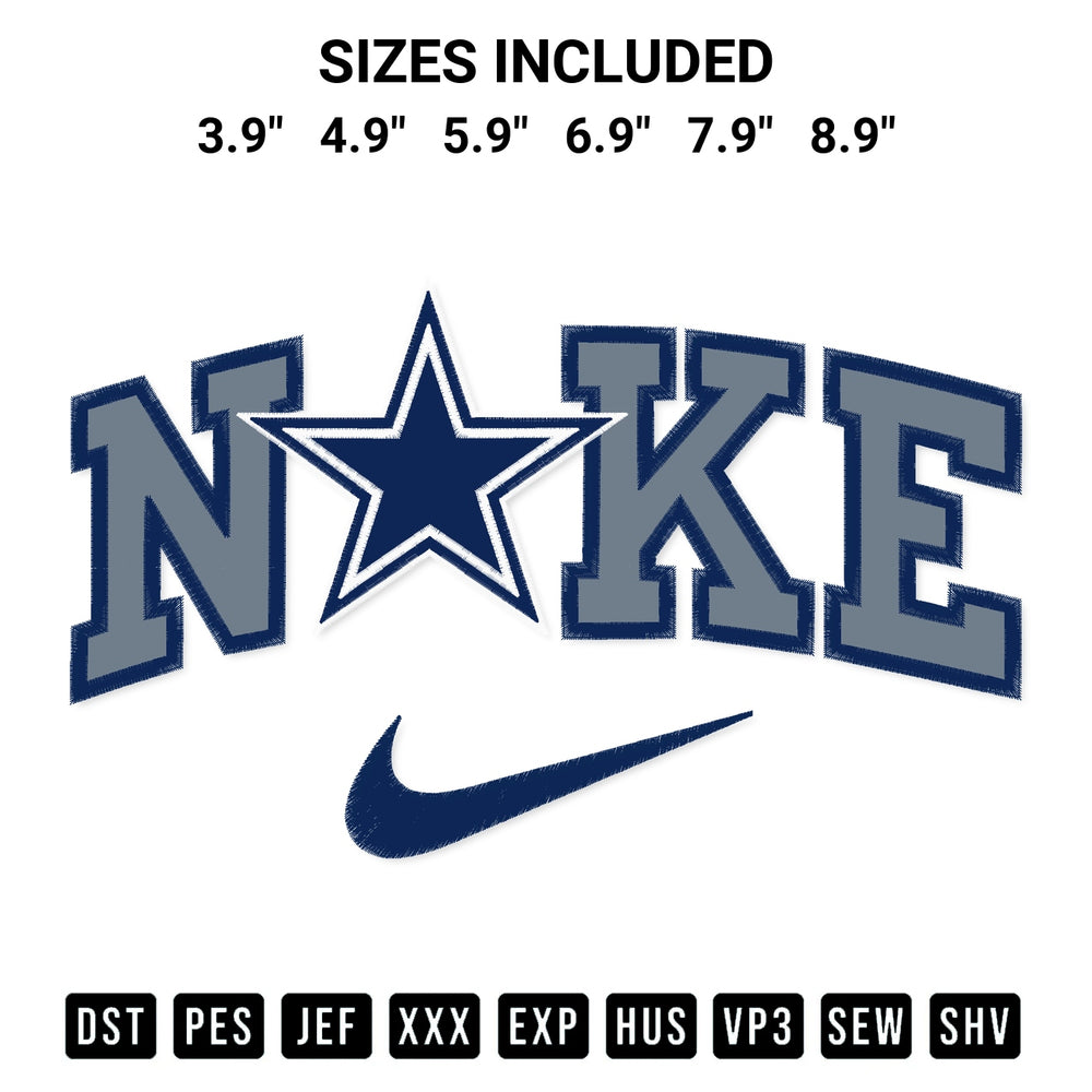 Get the Dallas Cowboys X Nike Embroidery Design embroidery design for your custom crafts! Premium digitized files available for instant download at Designspacks.com. Available sizes: 3.9", 4.9", 5.9", 6.9", 7.9", 8.9".