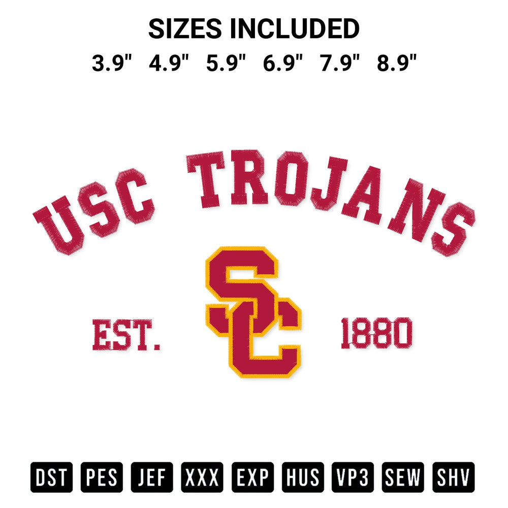 Discover the perfect addition to your crafting collection: Ncaa Usc Trojans Team Embroidery Design embroidery file. Instantly available at Designspacks.com. Available sizes: 3.9", 4.9", 5.9", 6.9", 7.9", 8.9".