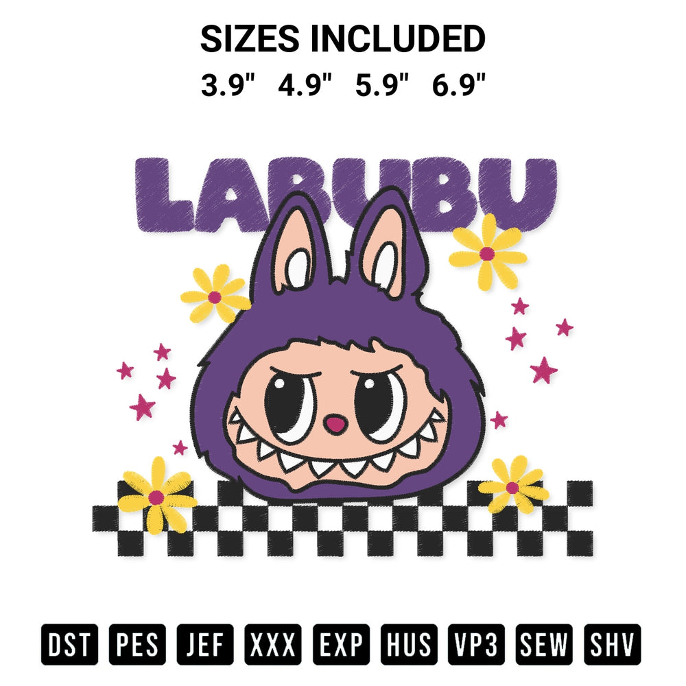 Discover the perfect addition to your crafting collection: Purple Labubu Face Embroidery Design embroidery file. Instantly available at Designspacks.com. Available sizes: 3.9", 4.9", 5.9", 6.9".