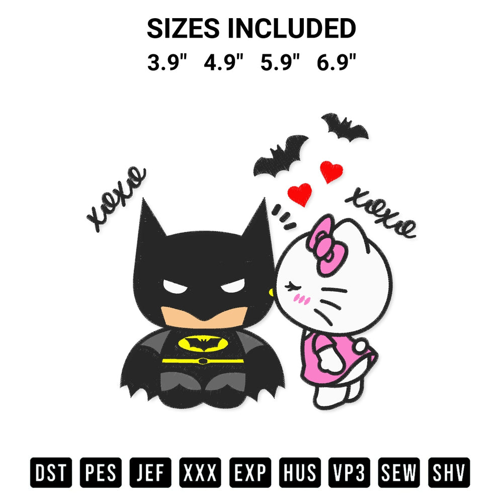 Transform your fabrics with the Hello Kitty Kissing Batman Embroidery Design embroidery design. Instant access to premium digitized patterns at Designspacks.com. Available sizes: 3.9", 4.9", 5.9", 6.9".