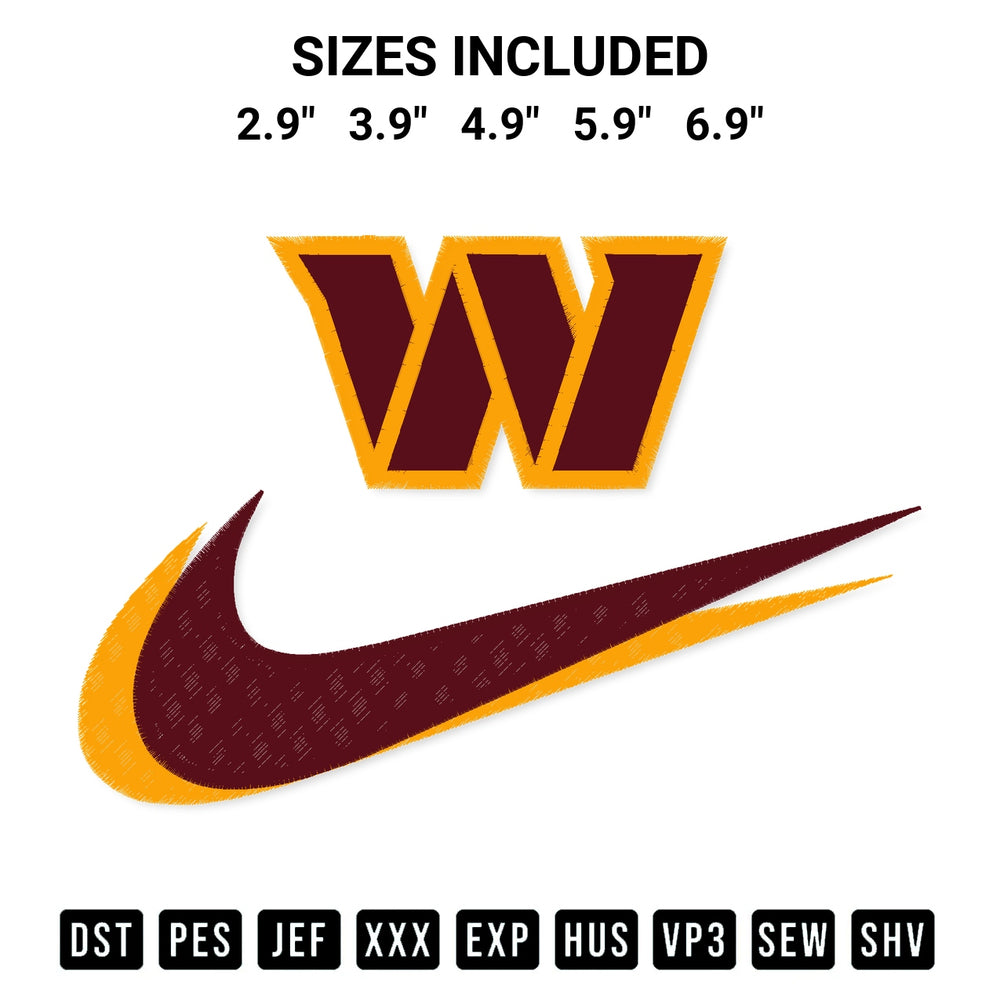 Add a unique touch to your apparel with the Washington Commanders Swoosh Embroidery Design embroidery file. Premium instant download available now on Designspacks.com. Available sizes: 2.9", 3.9", 4.9", 5.9", 6.9".