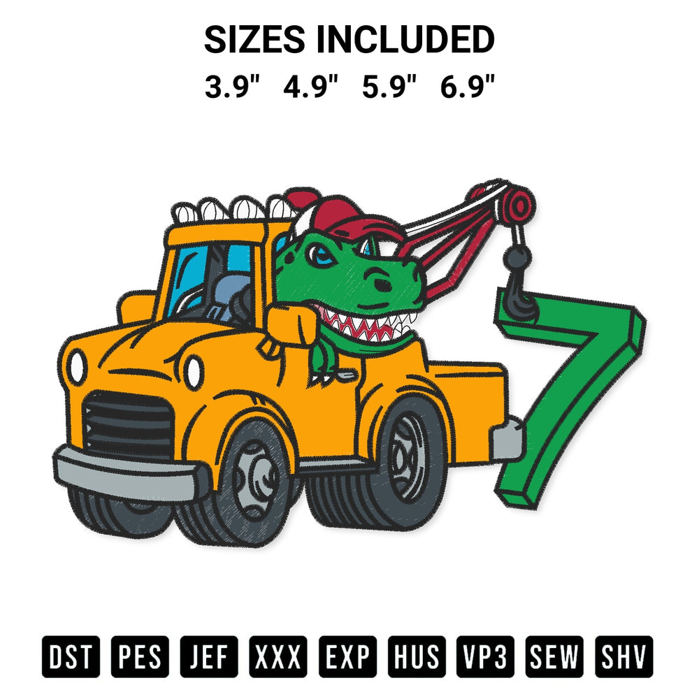 Elevate your next project with our 7Th Birthday Tow Truck Dinosaur Embroidery Design embroidery file. Shop high-quality digital patterns instantly at Designspacks.com. Available sizes: 3.9", 4.9", 5.9", 6.9".