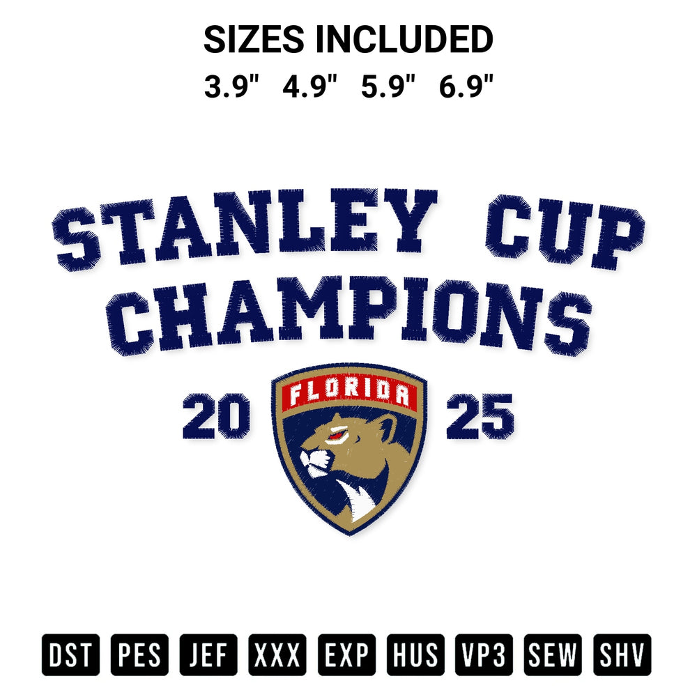 Get the Florida Panthers Stanley Cup Champions 2025 Embroidery Design embroidery design for your custom crafts! Premium digitized files available for instant download at Designspacks.com. Available sizes: 3.9", 4.9", 5.9", 6.9".