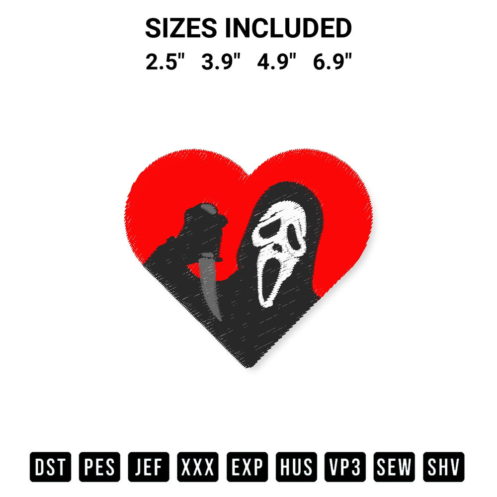 Add a unique touch to your apparel with the Ghostface Heart Embroidery Design embroidery file. Premium instant download available now on Designspacks.com. Available sizes: 2.5", 3.9", 4.9", 6.9".