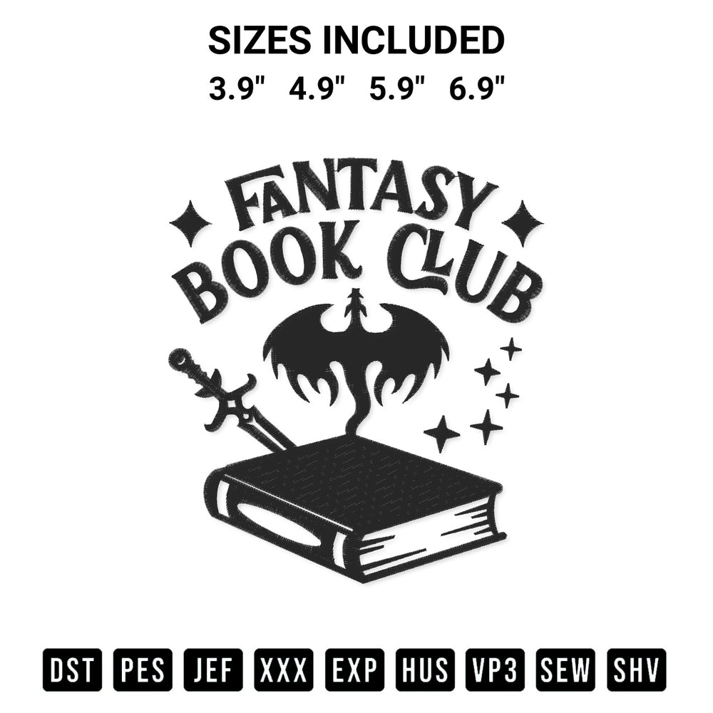 Discover the perfect addition to your crafting collection: Fantasy Book Club Embroidery Design embroidery file. Instantly available at Designspacks.com. Available sizes: 3.9", 4.9", 5.9", 6.9".