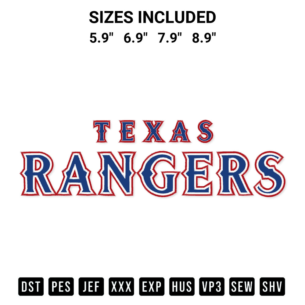 Looking for the perfect pattern? Download the Texas Rangers Wordmark Embroidery Design embroidery design today at Designspacks.com. Crisp, clean stitching guaranteed. Available sizes: 5.9", 6.9", 7.9", 8.9".