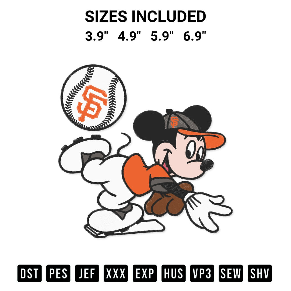 Get the Baseball San Francisco Giants Mickey Mouse Embroidery Design embroidery design for your custom crafts! Premium digitized files available for instant download at Designspacks.com. Available sizes: 3.9", 4.9", 5.9", 6.9".