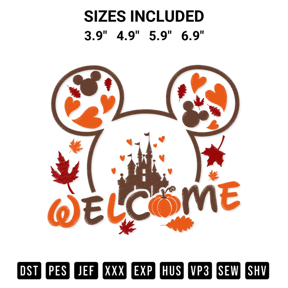 Discover the perfect addition to your crafting collection: Disney Mouse Welcome Fall Embroidery Design embroidery file. Instantly available at Designspacks.com. Available sizes: 3.9", 4.9", 5.9", 6.9".