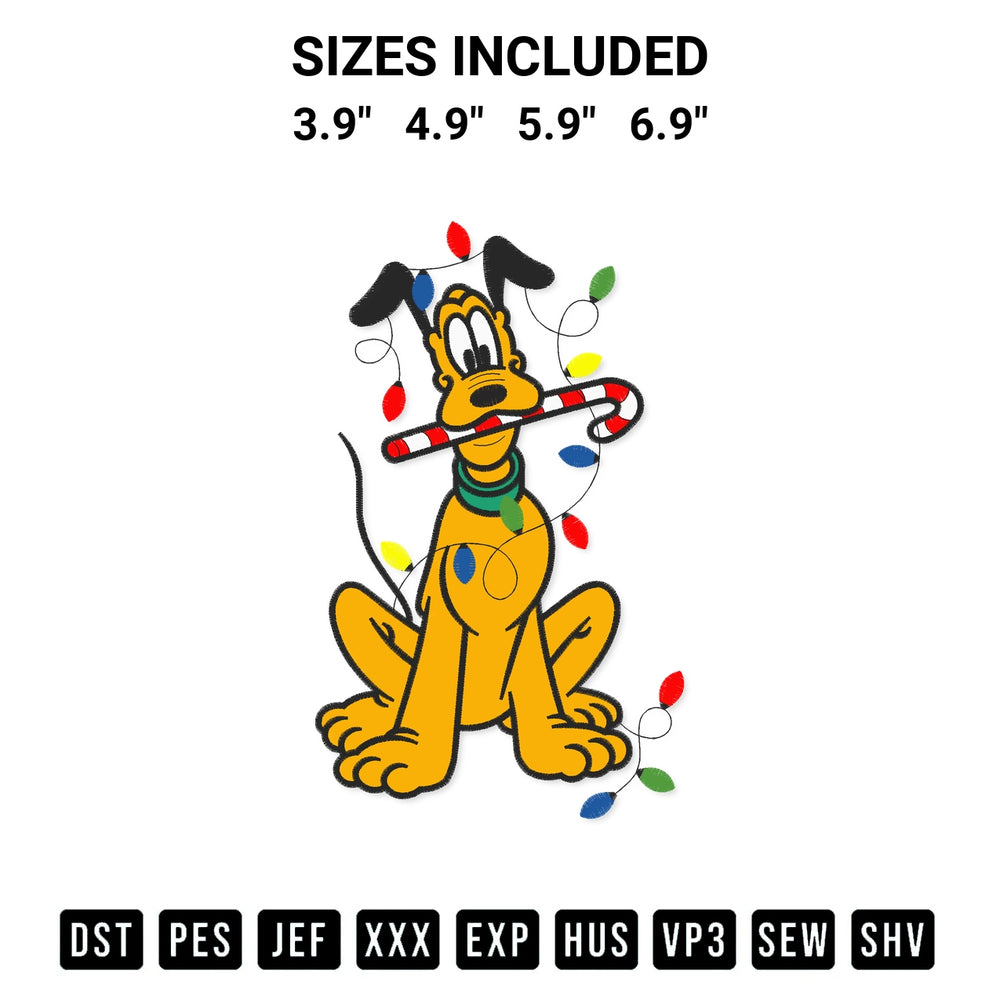 Discover the perfect addition to your crafting collection: Pluto Christmas Lights Embroidery Design embroidery file. Instantly available at Designspacks.com. Available sizes: 3.9", 4.9", 5.9", 6.9".