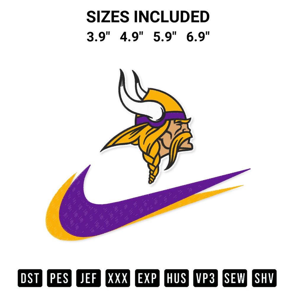 Download the Minnesota Vikings Swoosh Embroidery Design machine embroidery design exclusively at Designspacks.com. Premium digitized pattern for apparel and DIY crafts. Available sizes: 3.9", 4.9", 5.9", 6.9".