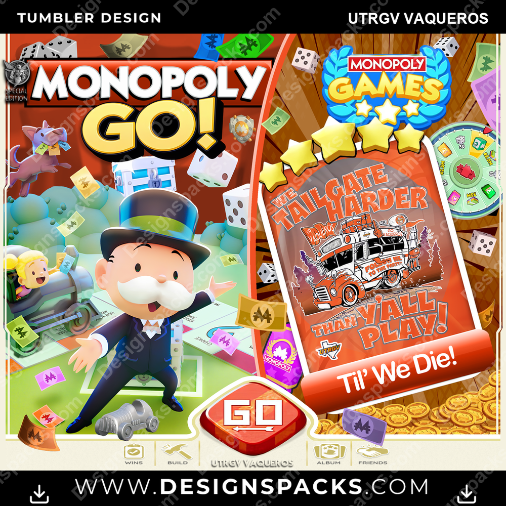 College Sport Monopoly Go! UTRGV Vaqueros Tumbler Digital Wrap Design