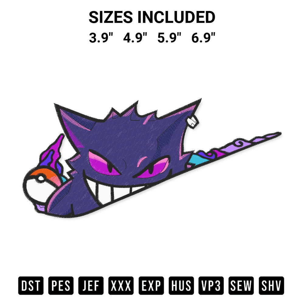 Transform your fabrics with the Gengar Pokemon Nike Embroidery Design embroidery design. Instant access to premium digitized patterns at Designspacks.com. Available sizes: 3.9", 4.9", 5.9", 6.9".