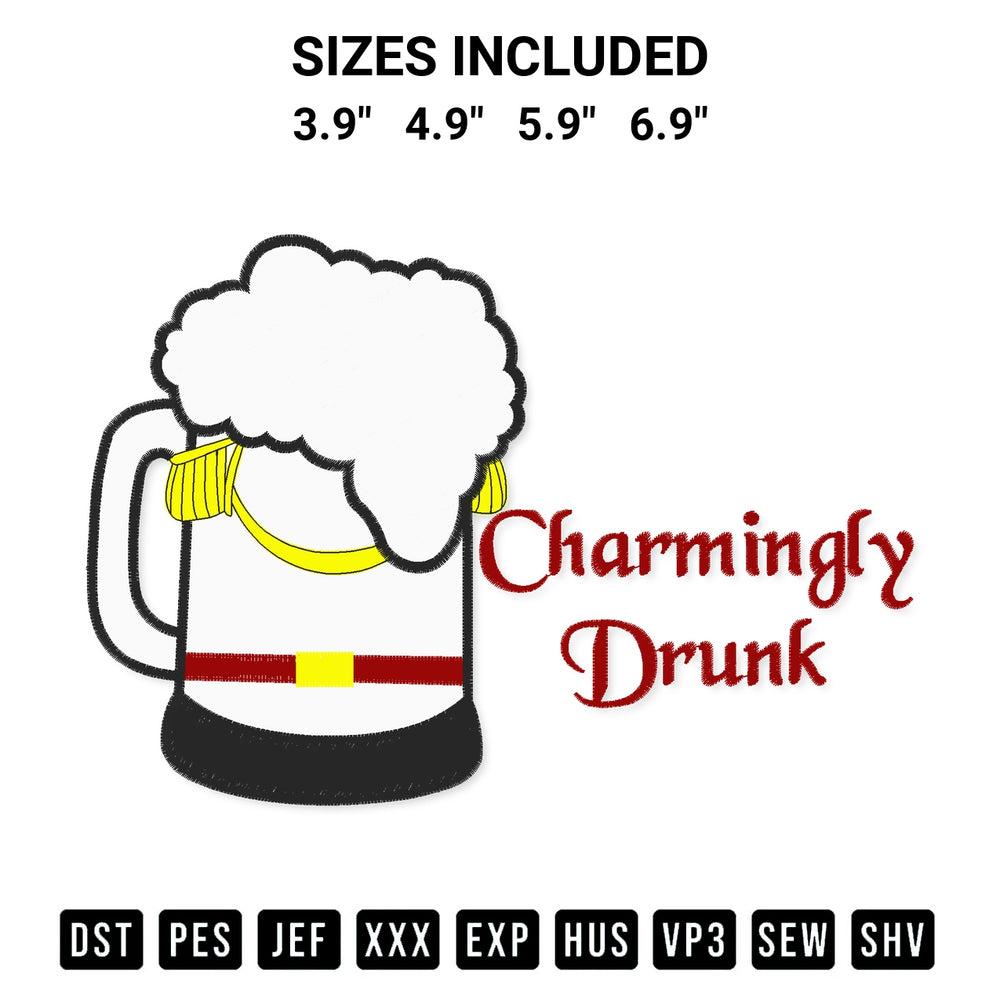 Get the Charmingly Drunk Embroidery Design embroidery design for your custom crafts! Premium digitized files available for instant download at Designspacks.com. Available sizes: 3.9", 4.9", 5.9", 6.9".