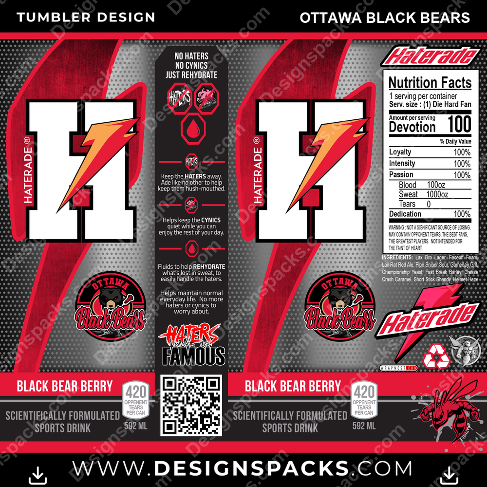 Lacrosse Haterade Ottawa Black Bears Tumbler Digital Wrap Design