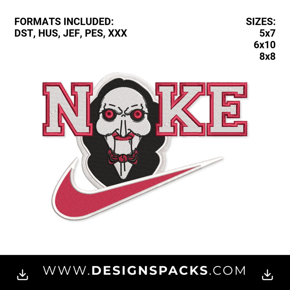 Horror Saw Billy Puppet Nike Parody Embroidery Design - Instant digital download pattern at Designspacks.com