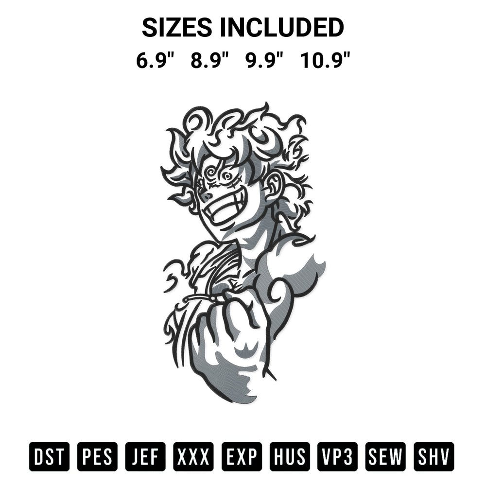 Get the Pattern Luffy Gear 5 Embroidery Design embroidery design for your custom crafts! Premium digitized files available for instant download at Designspacks.com. Available sizes: 6.9", 8.9", 9.9", 10.9".