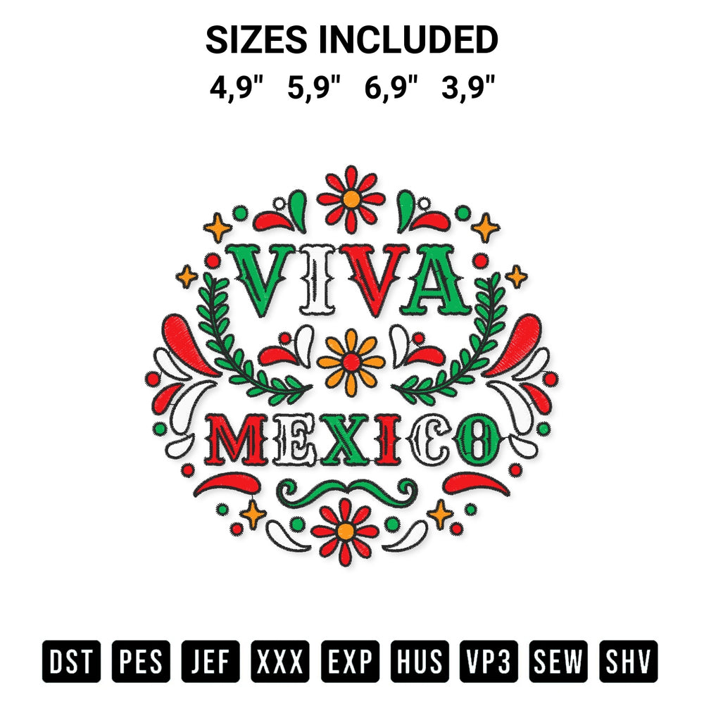 Stitch like a pro with the Viva Mexico Mexican Independence Day I Love Mexico Logo Embroidery Design embroidery pattern from Designspacks.com. High-quality digital machine embroidery file. Available sizes: 4,9", 5,9", 6,9", 3,9".