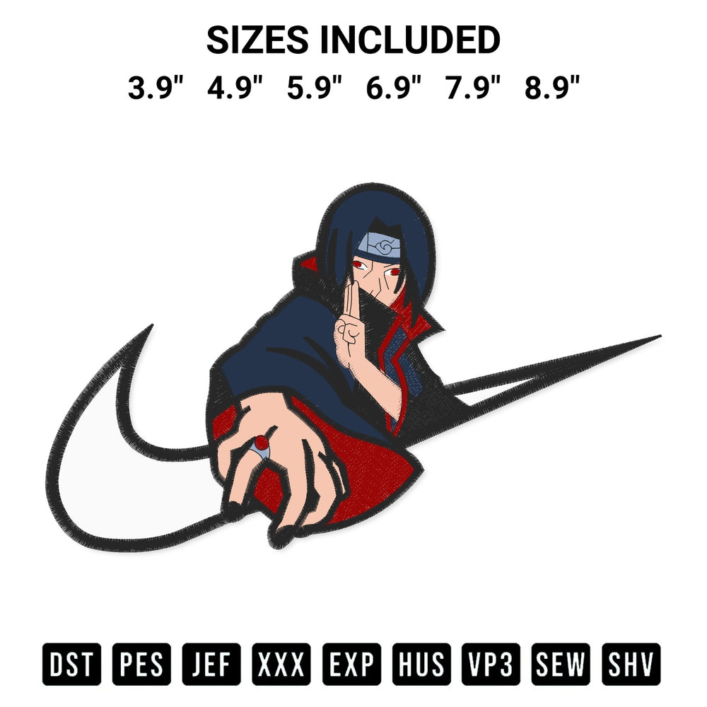 Get the Swoosh Uchiha Itachi Embroidery Design embroidery design for your custom crafts! Premium digitized files available for instant download at Designspacks.com. Available sizes: 3.9", 4.9", 5.9", 6.9", 7.9", 8.9".