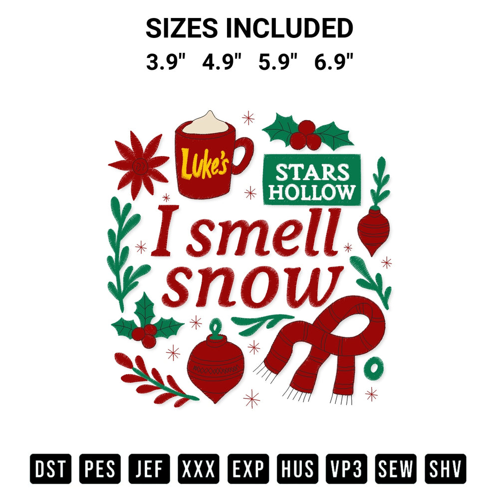 Shop the Stars Hollow I Smell Snow Embroidery Design machine embroidery pattern at Designspacks.com. Beautifully digitized for flawless stitching on any fabric. Available sizes: 3.9", 4.9", 5.9", 6.9".