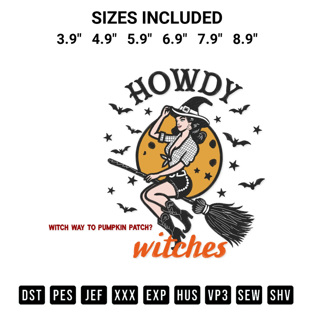 Add a unique touch to your apparel with the Howdy Witches Halloween Embroidery Design embroidery file. Premium instant download available now on Designspacks.com. Available sizes: 3.9", 4.9", 5.9", 6.9", 7.9", 8.9".