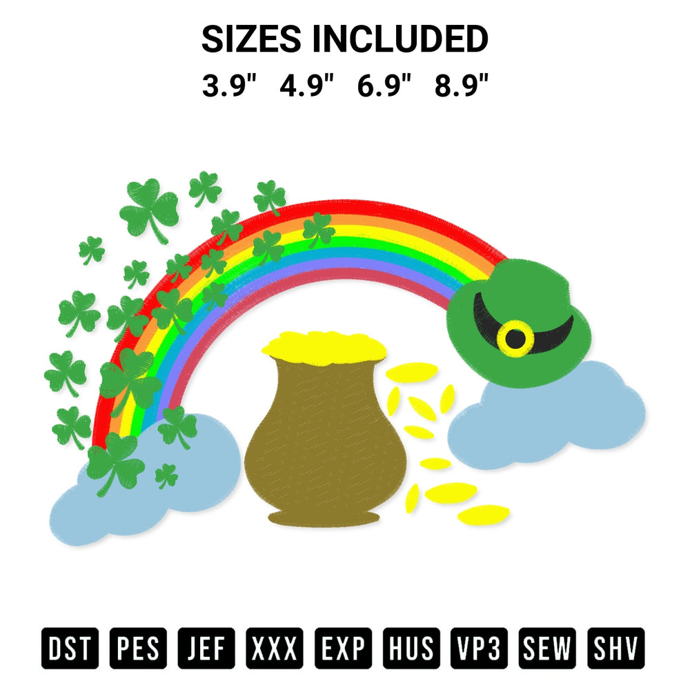 Add a unique touch to your apparel with the St Patricks Day Pot Of Gold Rainbow Shamrocks Embroidery Design embroidery file. Premium instant download available now on Designspacks.com. Available sizes: 3.9", 4.9", 6.9", 8.9".