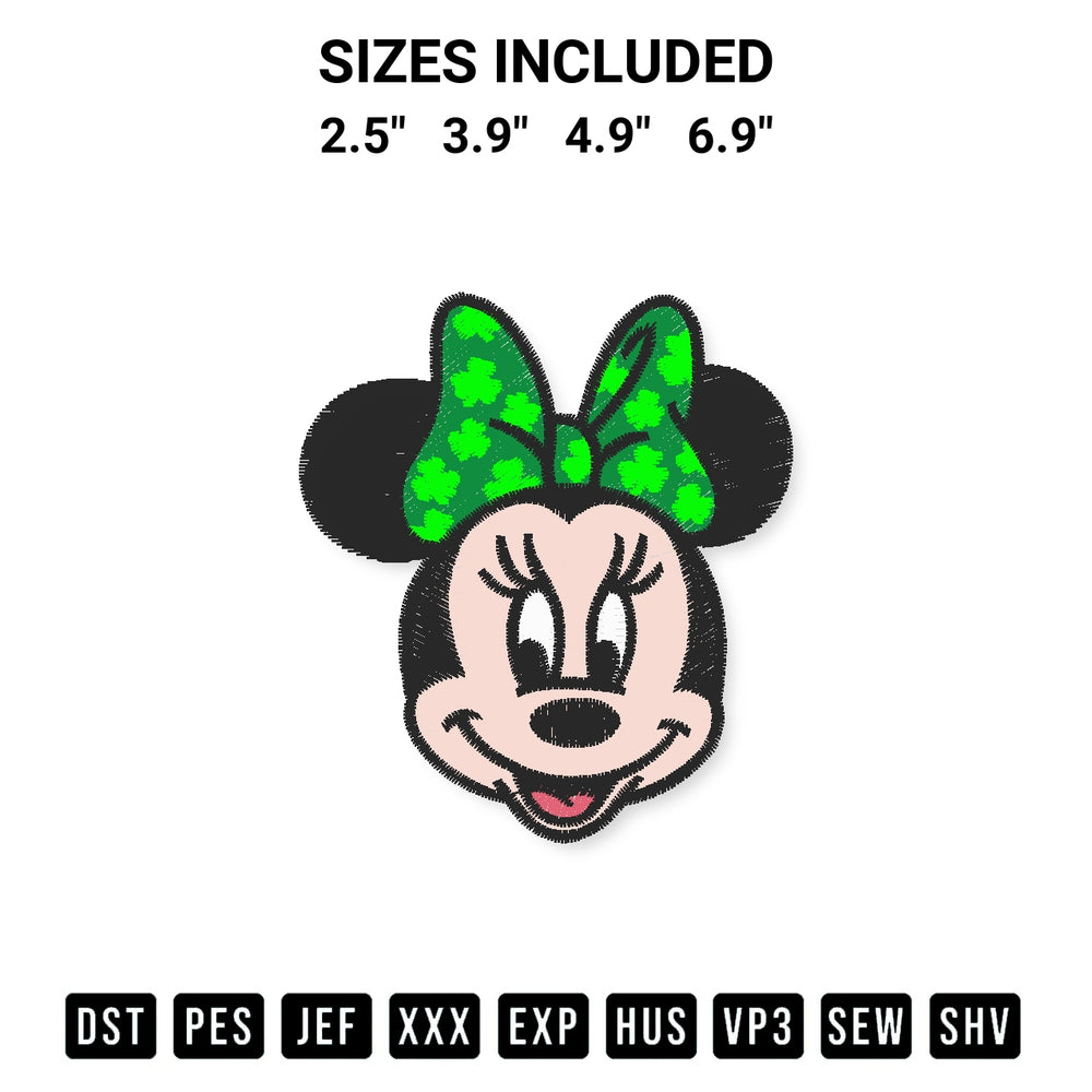Create amazing crafts with the Minnie Mouse Face St Patricks Day Embroidery Design embroidery file. High-quality digital download from Designspacks.com, perfect for beginners and pros. Available sizes: 2.5", 3.9", 4.9", 6.9".