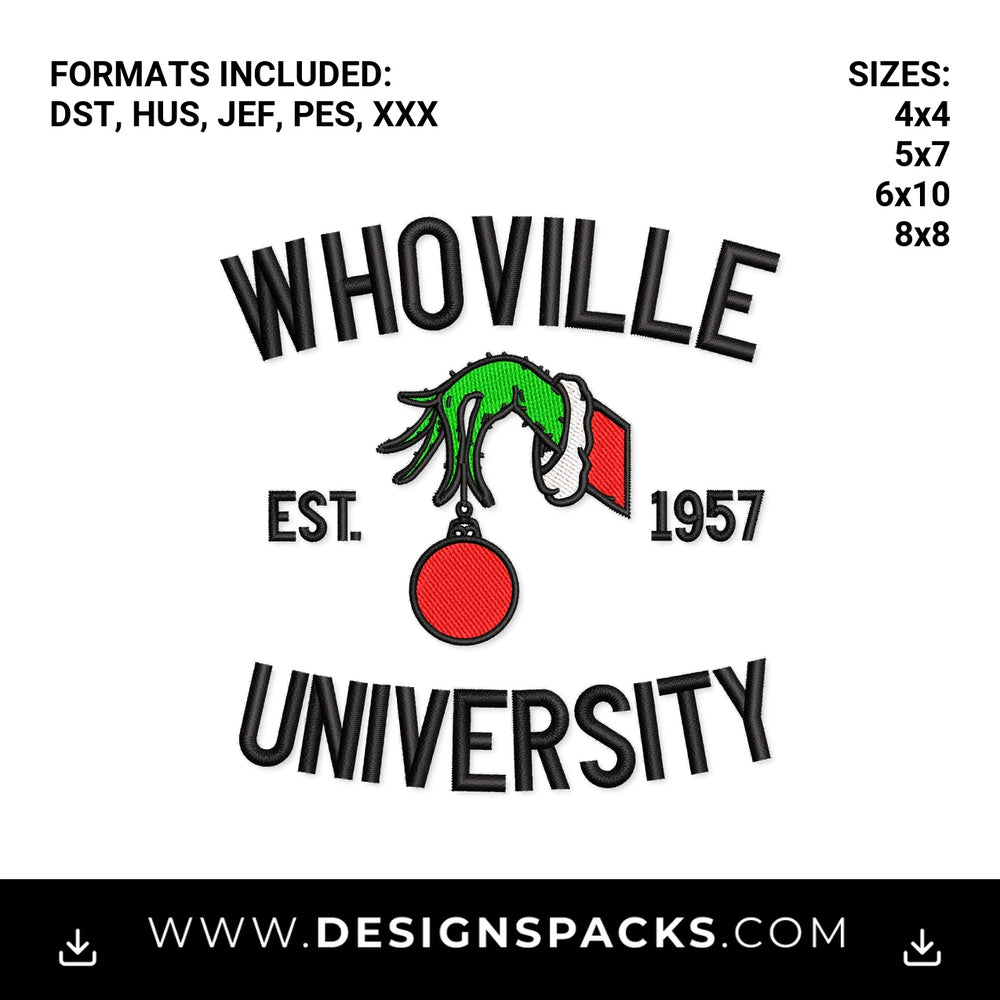Whoville University Est 1957 Christmas Embroidery Design - Instant digital download pattern at Designspacks.com