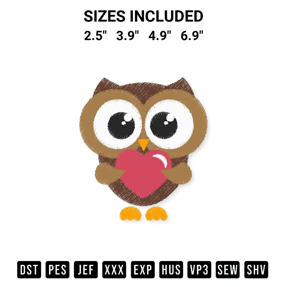 Download the Cute Owl With Heart Embroidery Design machine embroidery design exclusively at Designspacks.com. Premium digitized pattern for apparel and DIY crafts. Available sizes: 2.5", 3.9", 4.9", 6.9".