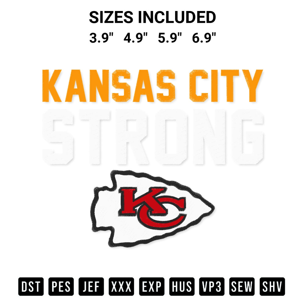Shop the Kansas City Strong Embroidery Design machine embroidery pattern at Designspacks.com. Beautifully digitized for flawless stitching on any fabric. Available sizes: 3.9", 4.9", 5.9", 6.9".