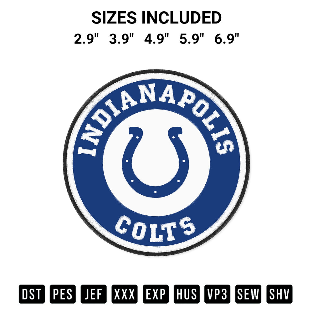 Add a unique touch to your apparel with the Indianapolis Colts Circle Logo Embroidery Design embroidery file. Premium instant download available now on Designspacks.com. Available sizes: 2.9", 3.9", 4.9", 5.9", 6.9".