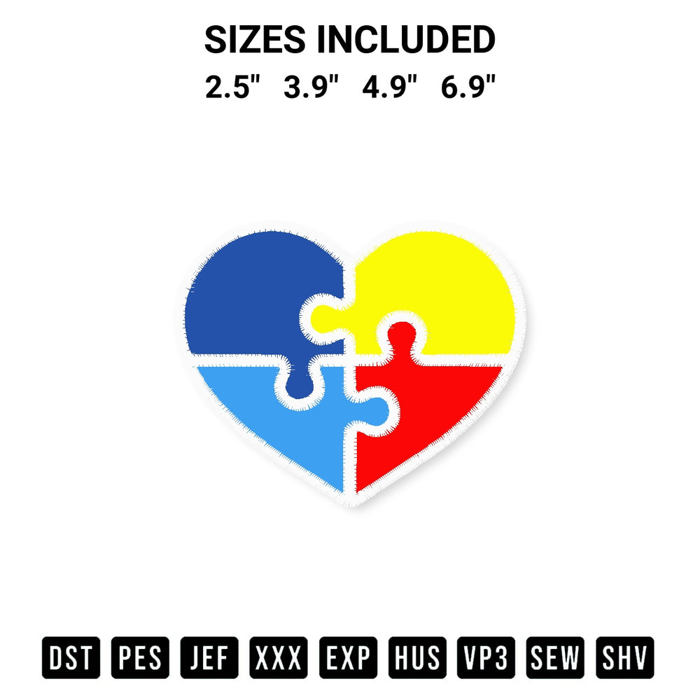 Discover the perfect addition to your crafting collection: Autism Awareness Heart Embroidery Design embroidery file. Instantly available at Designspacks.com. Available sizes: 2.5", 3.9", 4.9", 6.9".